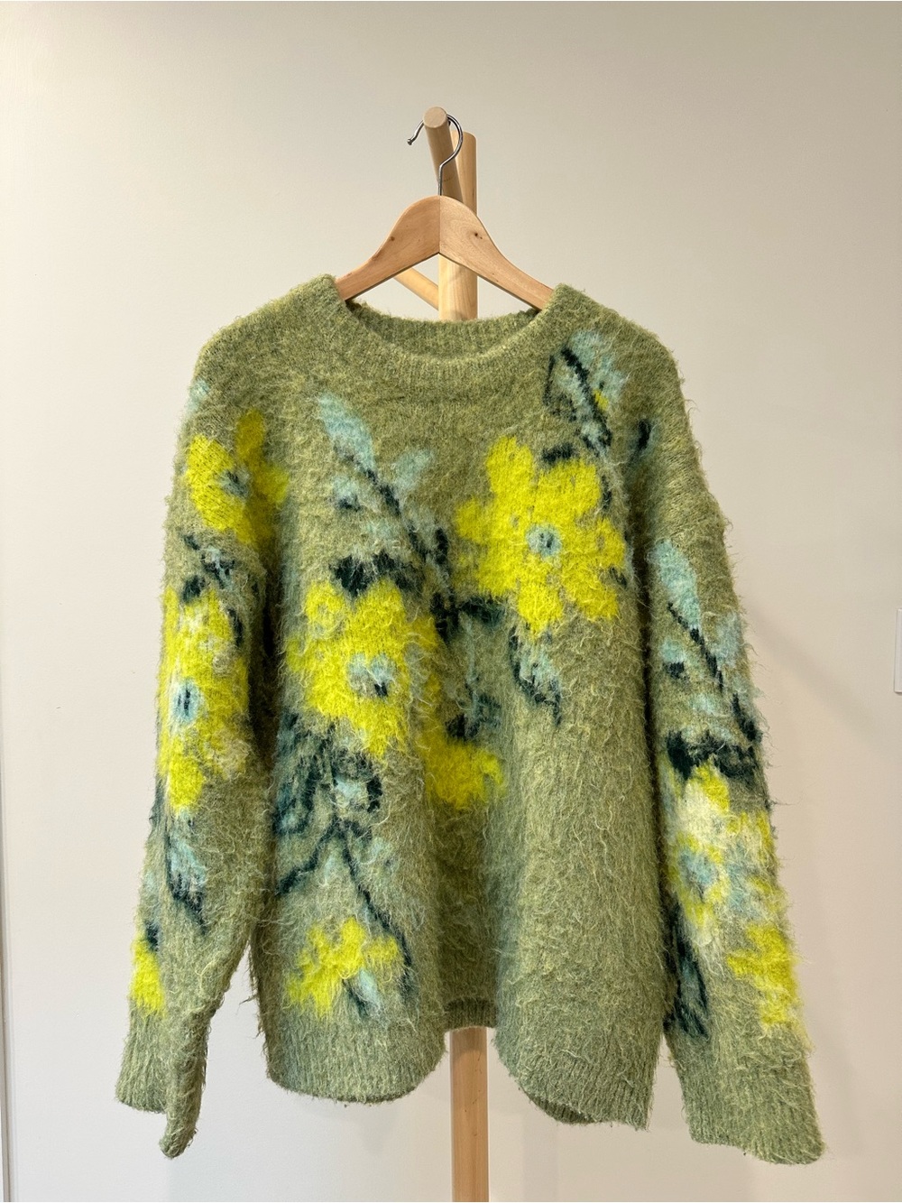 Green Floral Fuzzy Crewneck Sweater - Yellow Flower Design